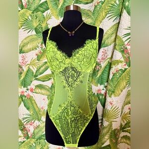 NIB! ☀️ Neon Yellow/Green Soft Adjustable Lace Thong Bodysuit or Lingerie